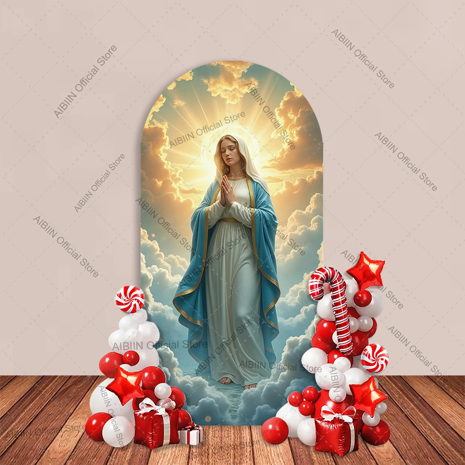 Mother Mary Bless Baptism Arch Backdrop Cover Amen Angel Kids First Holy Communion Baby Shower Party Decor Photo Background view 4