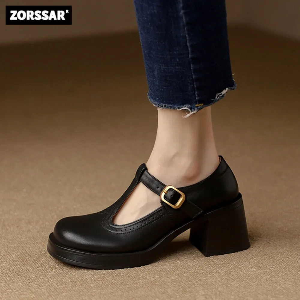 2024 New Women Office Shoes Thick Heels Slip On Round Toe Retro Chunky Heels Mary Jane Pumps Natural Leather Woman Dress Shoes