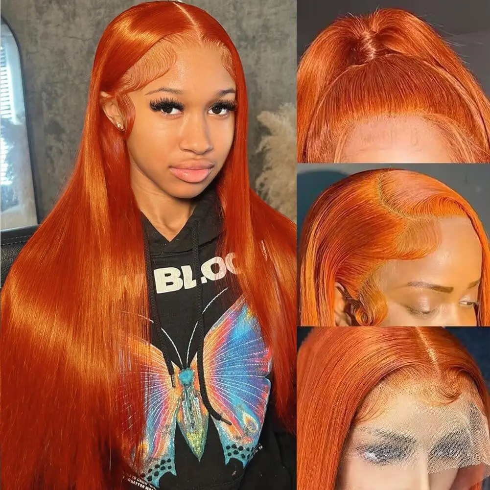 30 38 Inch Ginger Orange Bone Straight 13x4 HD Transparent Lace Front Human Hair Wig 250% Remy Brazilian Lace Frontal Wigs