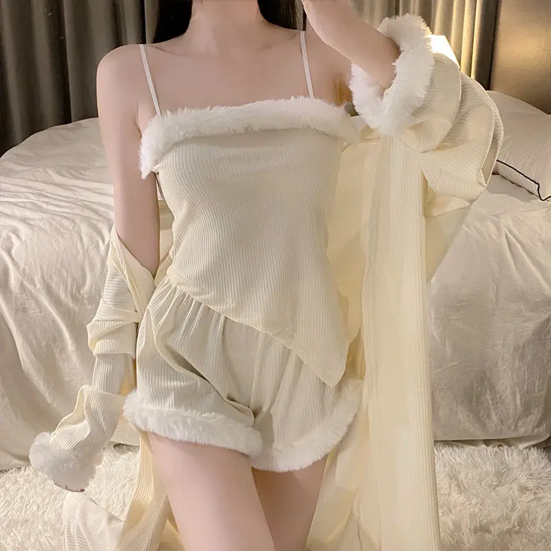 3Pcs Modal Pajamas Set Sexy Cami Top&shorts Robe Women Autumn Winter Sleepwear Luxury Feather Patchwork Nightwear Loungewear