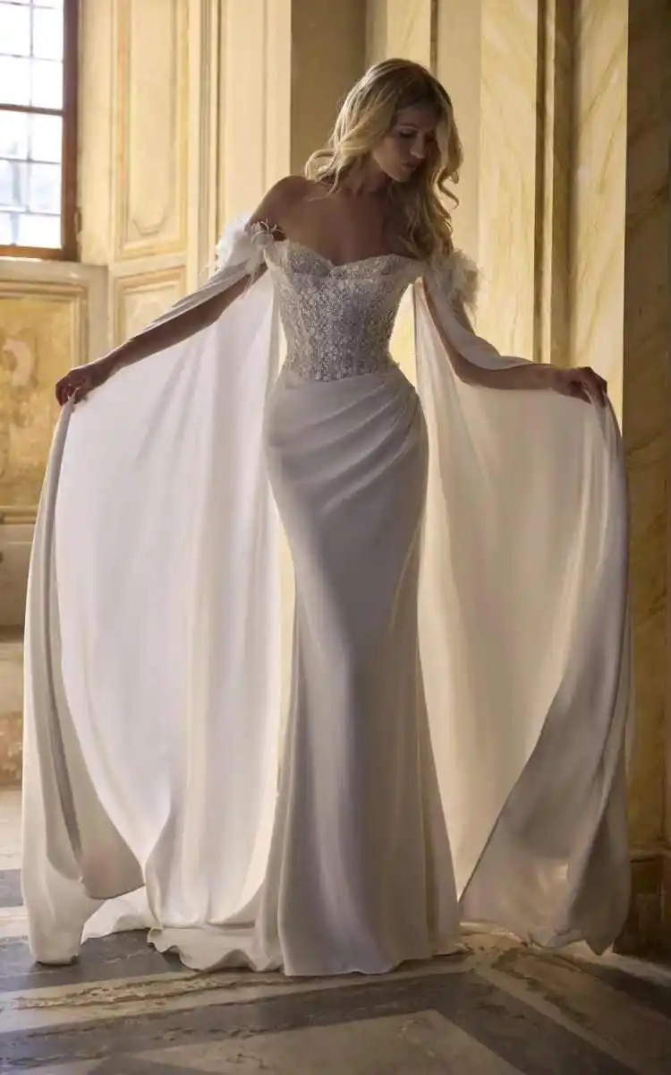 Elegant Wedding Dresses Off Shoulder Feather Decor Mermaid Gown Draped Satin Bodice Bridal Wedding Banquet Customized