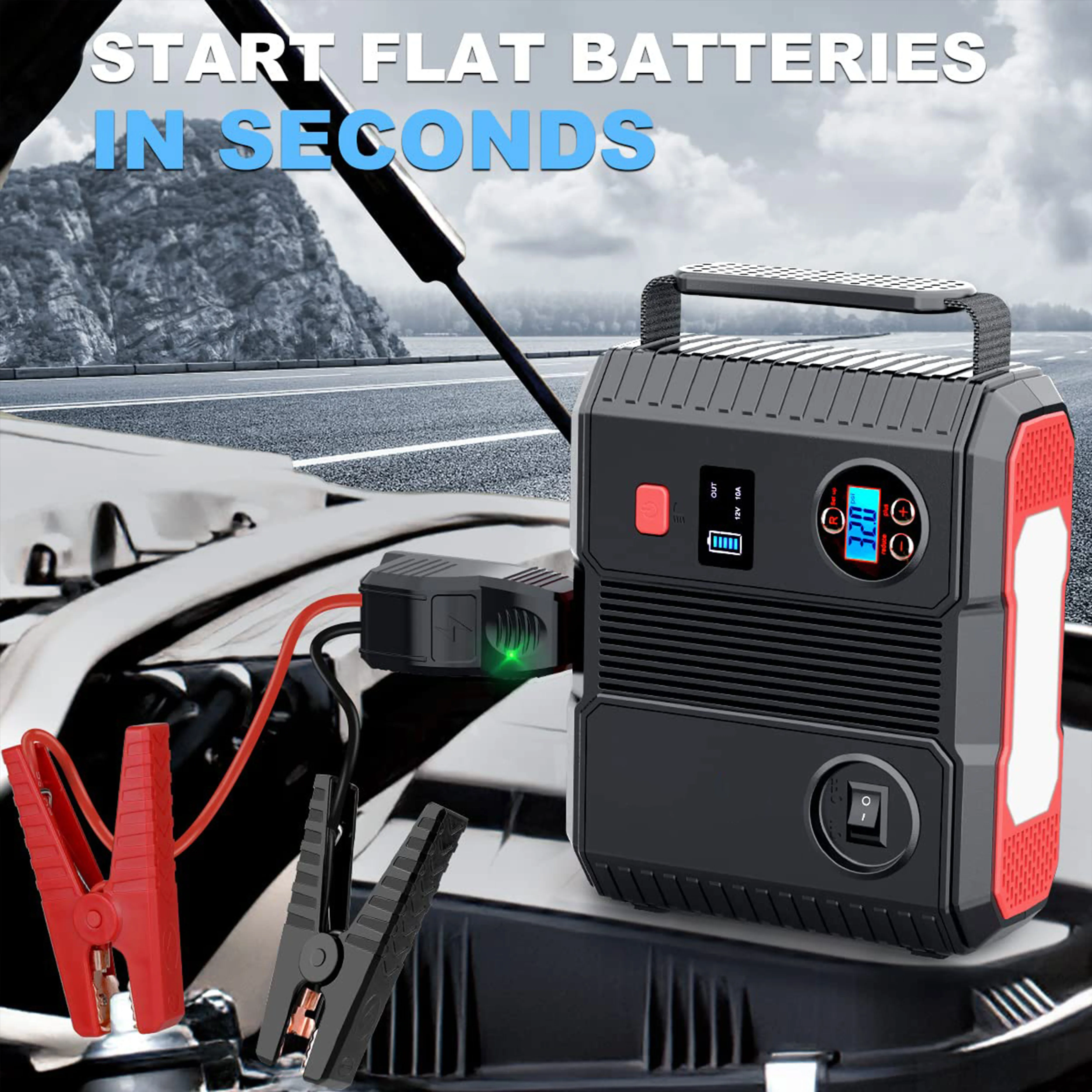 Portable 12V 24000Mah 6 In 1 Car Battery Jump Starter Power Bank With Lcd Display Car Jump Starter With Air Compressor 