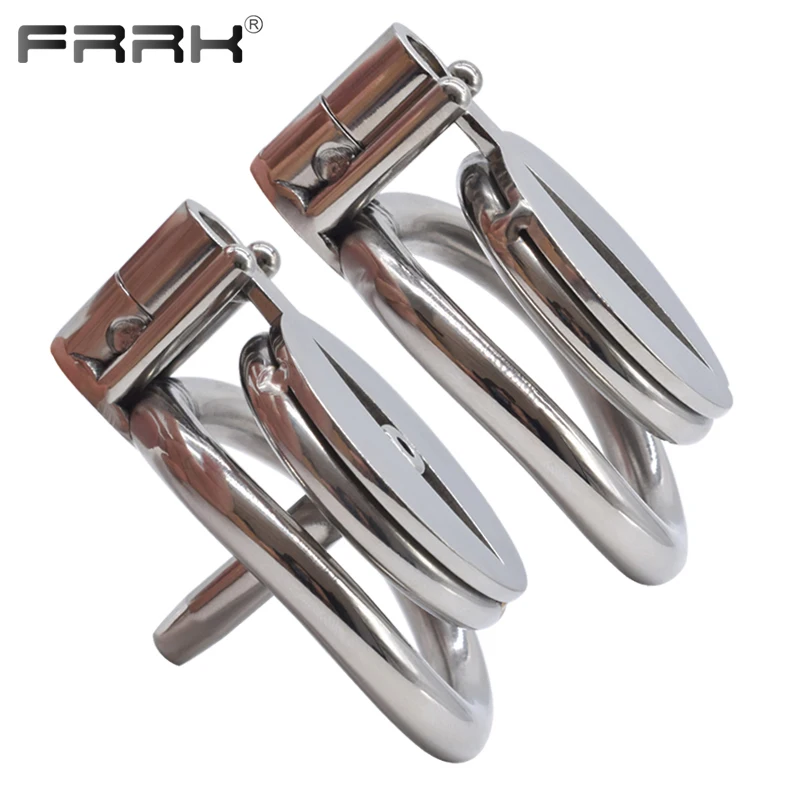 FRRK Flat Male Chastity Cage with Hex Cock Lock Steel Penis Rings BDSM Intimate Sex Products Adults Toys for Men 정조대