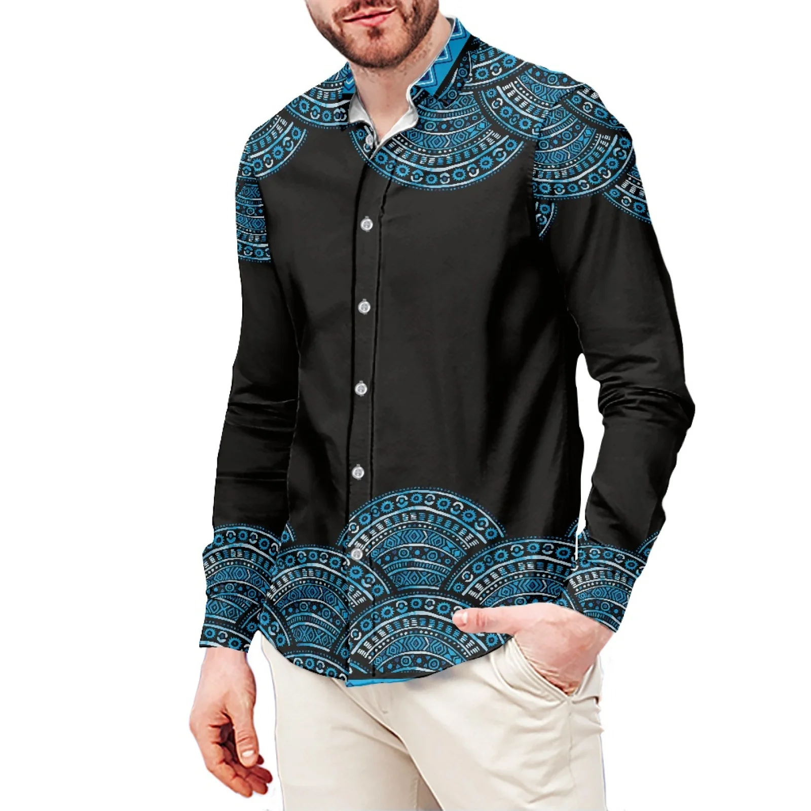 Tribal Image Patchwork Printed Men's Dress Men's T-Shirt Pornesian Sport Style Men's Shirt Stand Collar 6XL Long Sleeve Winter