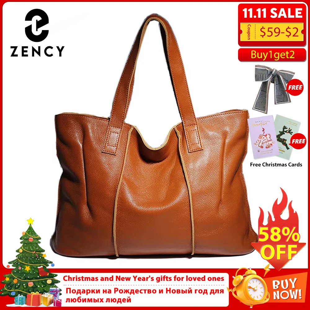 

Zency 100% Genuine Leather Handbag Large Capacity Women Shoulder Bag Retro Tote Purse High Quality Hobos Brown Shopping Bags