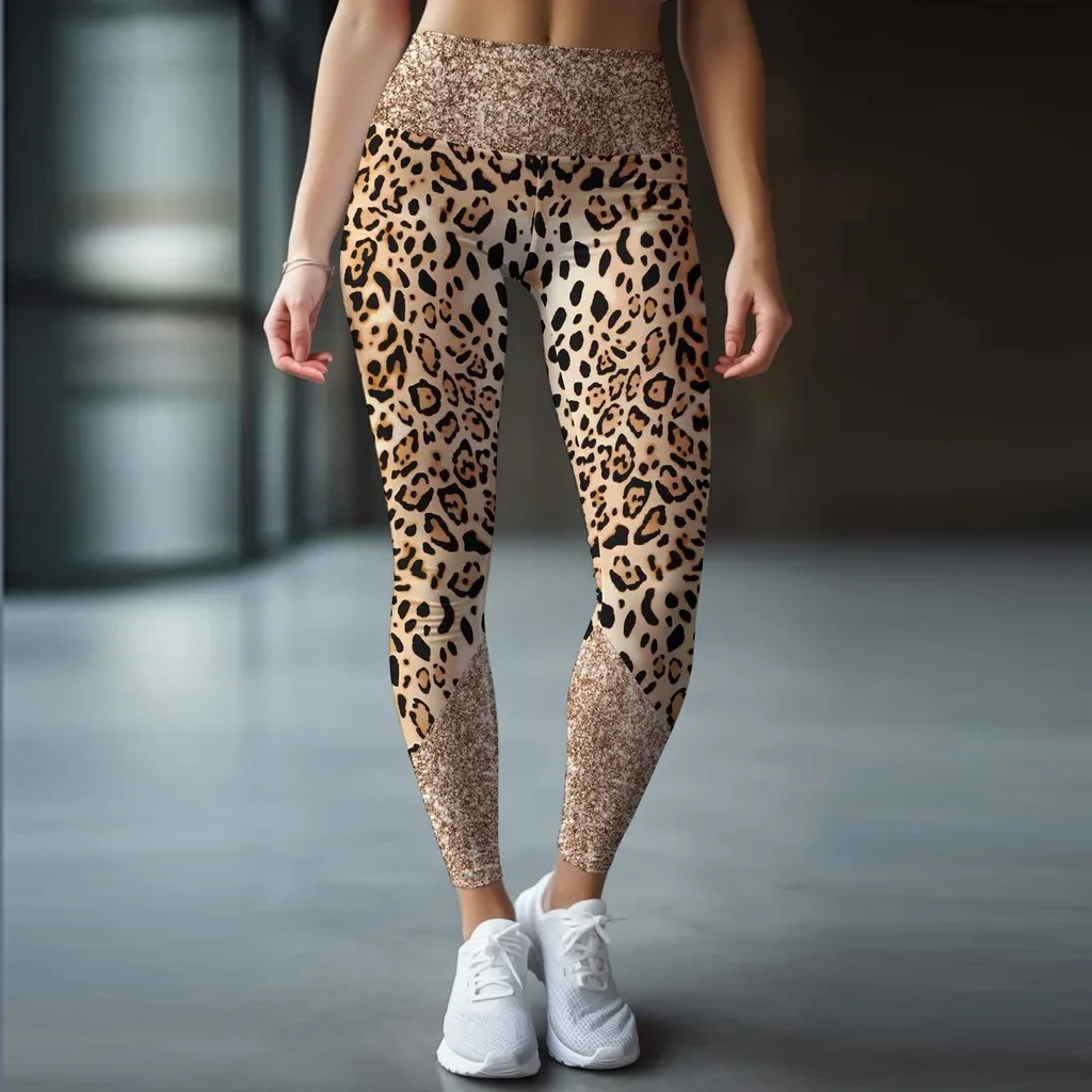 Leopard-print patchwork print tight stretch waist casual leggings for women