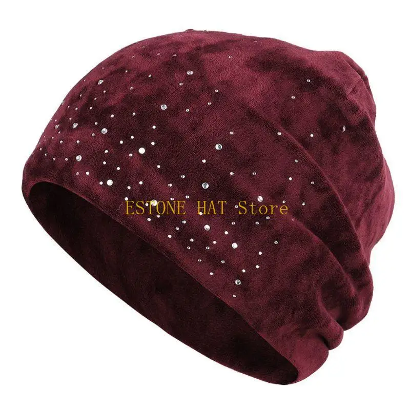 49MF Ladies Winter Loose Cotton Hat Outdoor Warm And Comfortable Rhinestones Hat Beautiful Eye-catching Fashion Tre