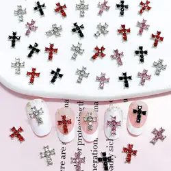 10Pcs Alloy Full Glitter Rhinestones Cross Nail Charms Gothic Punk Silver Cross Rhinestone Nail Art Decorations DIY