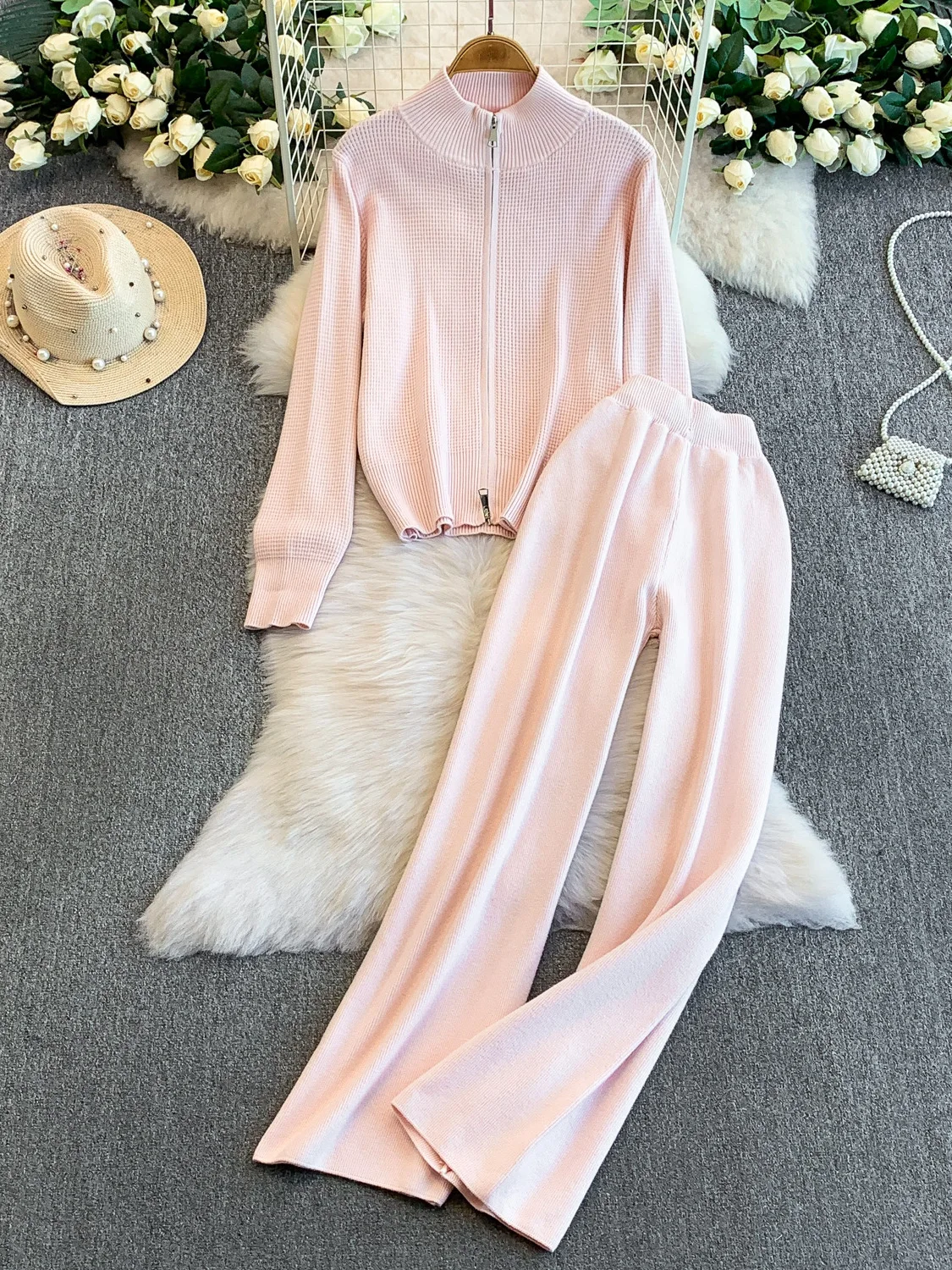 

Fashionable Knitted Set Women's Autumn Winter Loose Casual High Waist Slimming Long Pants Two-Piece Suit Zipper Collar Top