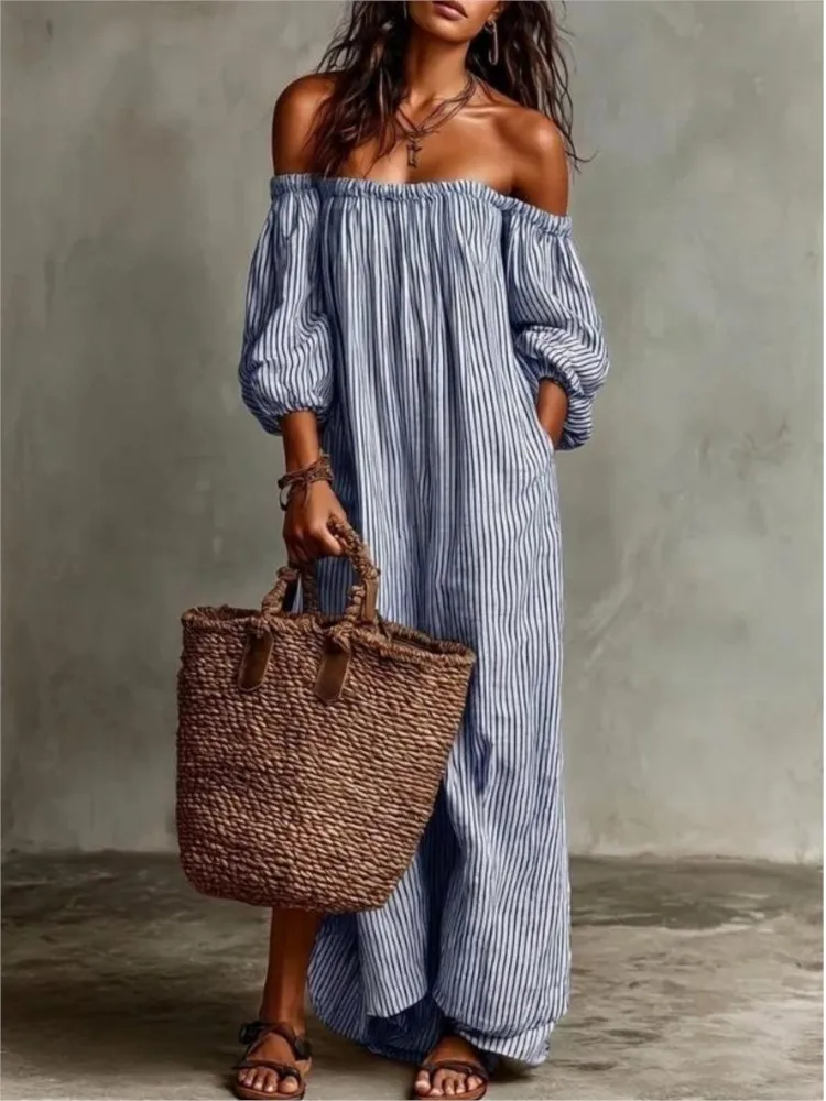 Feminine Off-Shoulder Puff Sleeve Long Dress 2026 Spring And Summer Beach Vacation Long Dress Retro Striped Print Pocket Dress