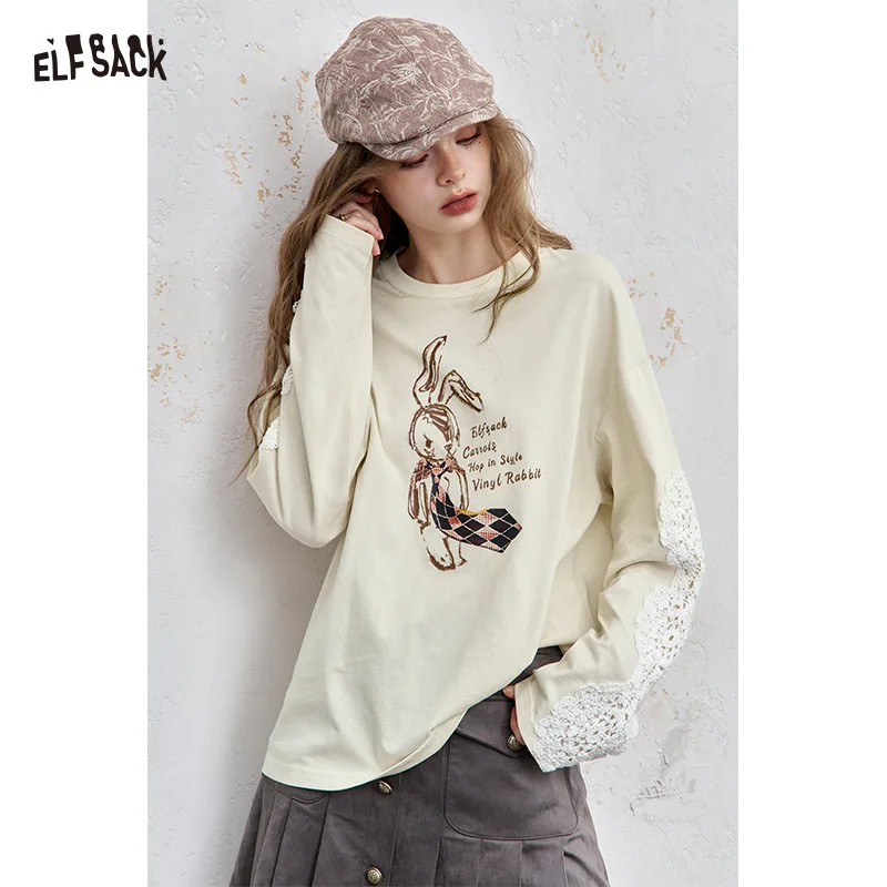 ELFSACK Women's Graphic Long Sleeve T-Shirt with Lace Patch, Loose Fit Bunny Print Tee, Casual Daily Top