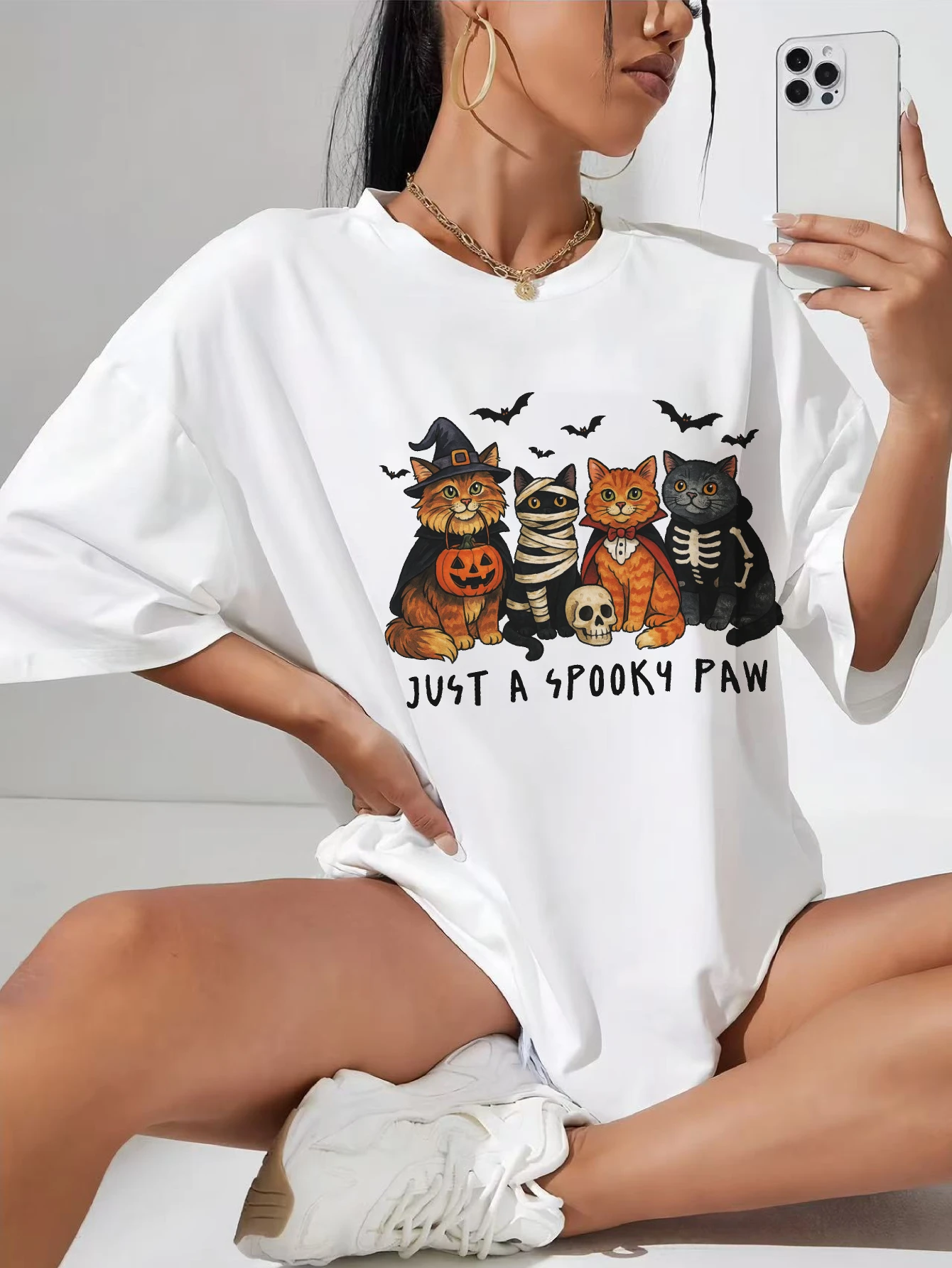 

Just a spooky paw White Round Neck T-Shirt Stylish Comfortable Perfect for Casual Summer Festival Wear