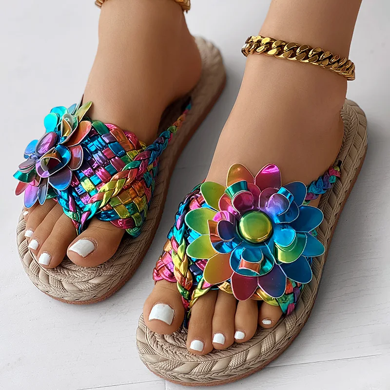 Women Fashion Casual Shoes Flat Vacation Holiday Holographic Braided Floral Pattern Toe Post Beach Flip Flops