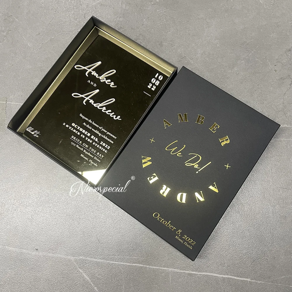 

100pcs Luxury Mirror Acrylic Wedding Invitation with Foil Printing LOGO BOX, Foil Printing RSVP Card