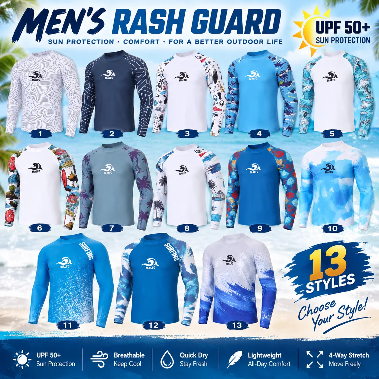 Men's Rash Guard UPF 50+ Long Sleeve Swim Shirt Quick Dry Sun Protection Surfing Shirt Stretchy UV Protection Top for Swimming D