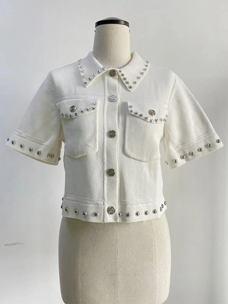 

Women Short Sleeve Knit Cardigan 2025 New Spring Summer Elegant Rivet Decoration Turn-Down Collar Single Breasted Sweater