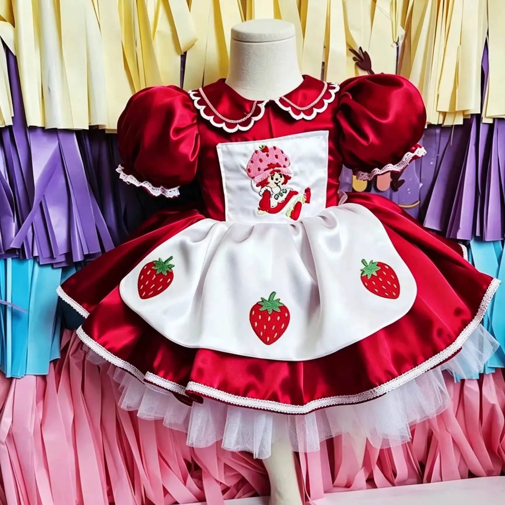 Summer Baby Girl Strawberry Cartoon Cosplay Costume Satin Puff Sleeve Lolita Princess Gown for 1st Birthday Party Christmas B644