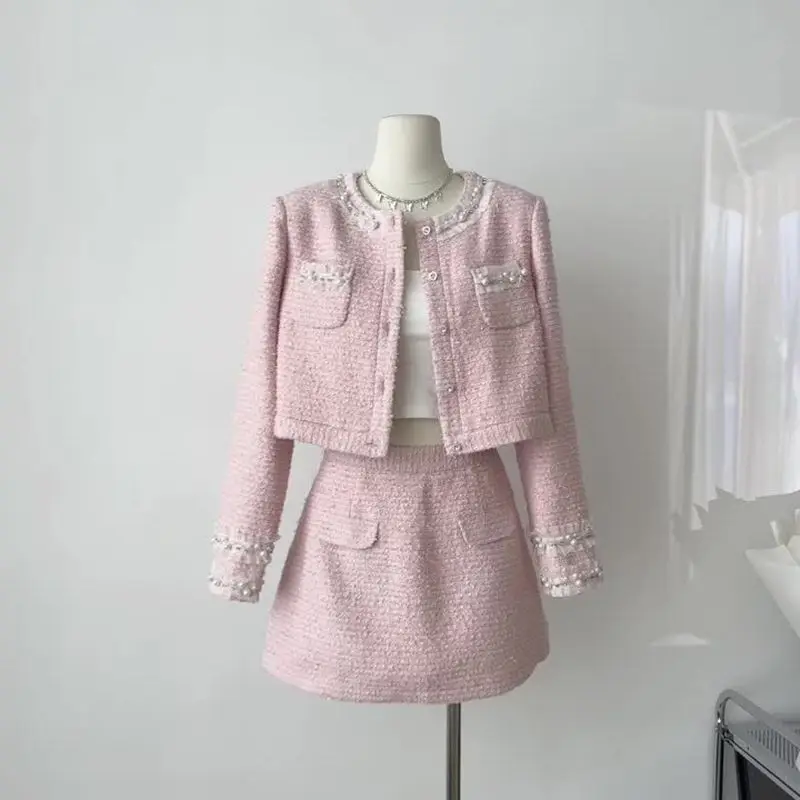 

Insozkdg Autumn Pink Sweet Fragrance Tweed Two Piece Set Women Short Jacket Coat + Skirt Suits Fashion Luxury Beading Outfits