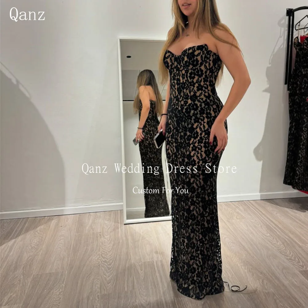

Qanz Sexy Black Lace Appliques Evening Dresses Mermaid Corset Back Plus Size Prom Dresses Luxury Robes De Soirée Customized