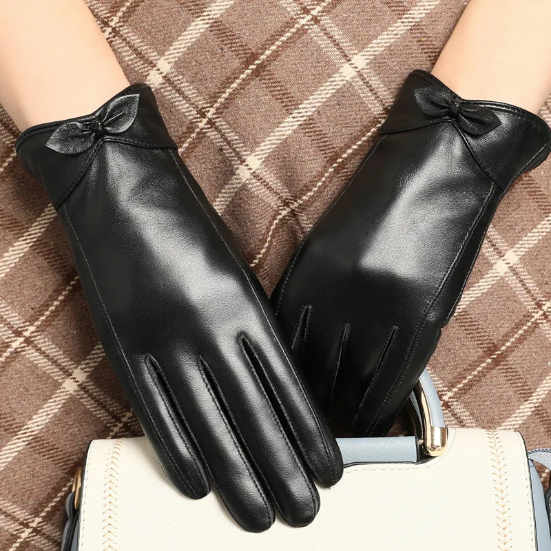 

Genuine Leather Gloves Women Winter Fleece Warm Driving Cycling guantes mujer Sheepskin Bow Split Full Finger Gloves White Black