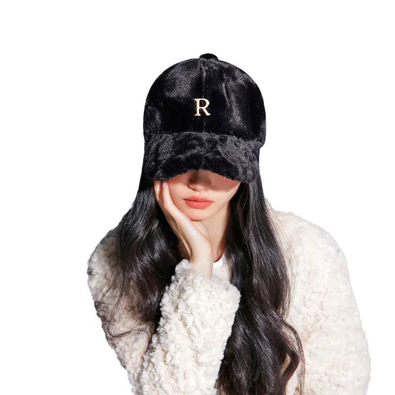 Winter Plush Baseball Caps for Women\'s Metal Letter Thickened Warm Sun Cap for Men\'s Solid Color Rabbit Fur Hard Top Casual Hats