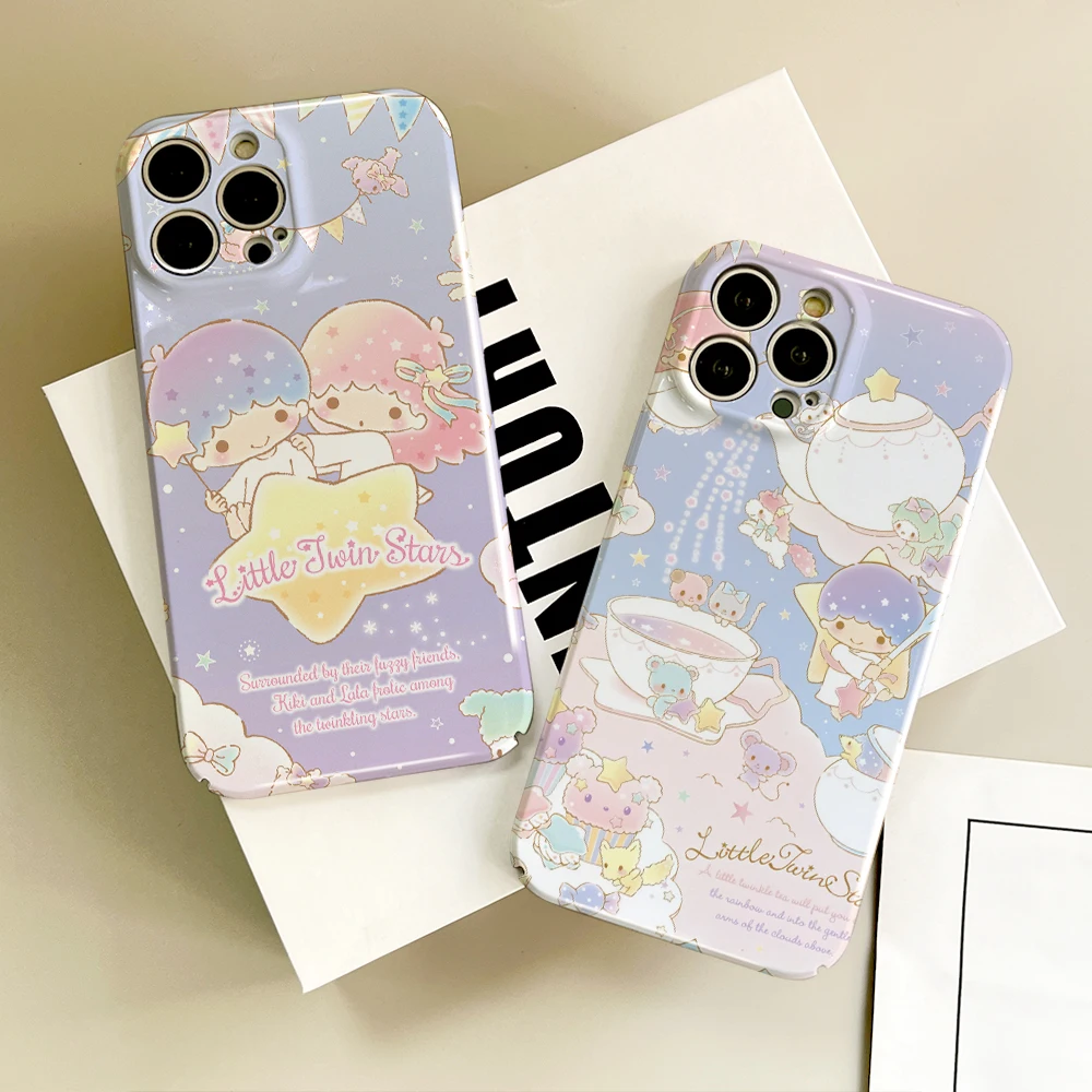 MINISO Cute L-Little Twin Stars For IPhone 16 15 14 13 12 11 Plus Pro Max Mini All-inclusive Glossy Hard Cover Film Shell