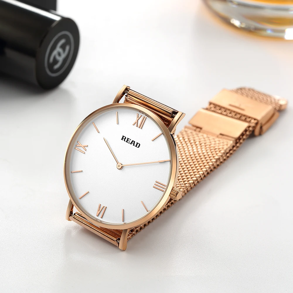 READ Minimalist Quartz Watch | Rose Gold Mesh Strap | White Roman Dial | High Hardness Glass | 3ATM Waterproof