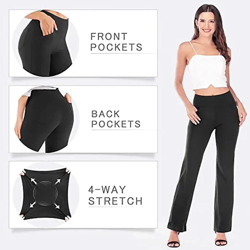 Women Flared Wide-leg Trousers High Waist Casual Yoga Pants Ladies Loose stretchy Pants With Pockets Female Career Long Trousers