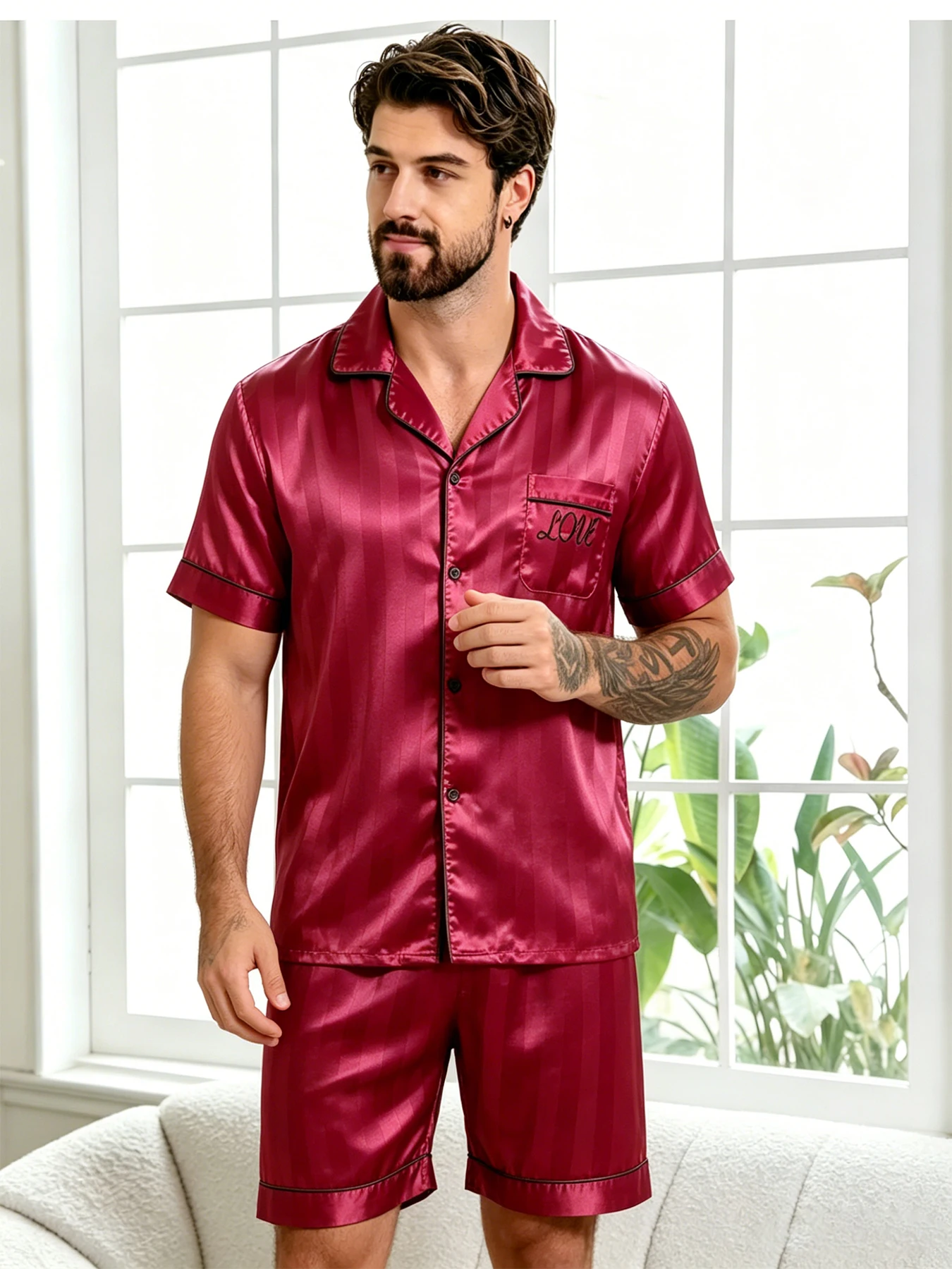 Men Summer Pajamas Satin Striped Pajama Set Button Down Tops & Shorts Homewear Lightweight Loungewear Pajama for Men Pj Set