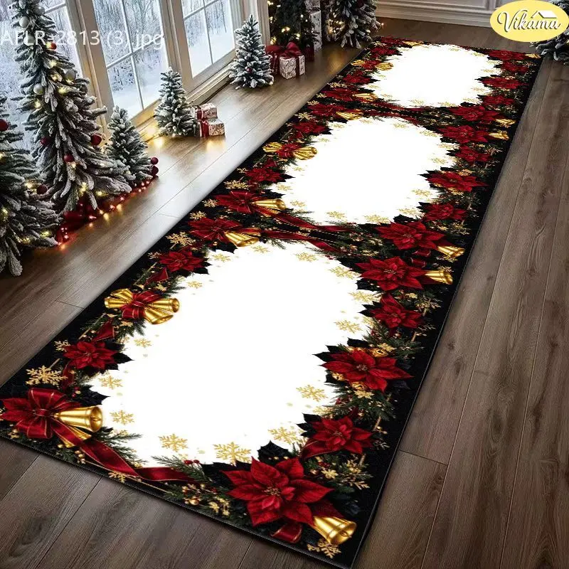 VIKAMA Black Red Poinsettia Bell Velvet Hallway Runner Non Slip Floor Mat for Holiday Soft Cozy Aesthetic Decorative Home Decor