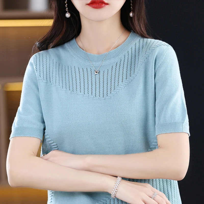 Summer New Pure Cotton Women's Round Neck Solid Color Hollow Out T-Shirt Fashion Casual Loose Thin Soft Top Short Sleeve