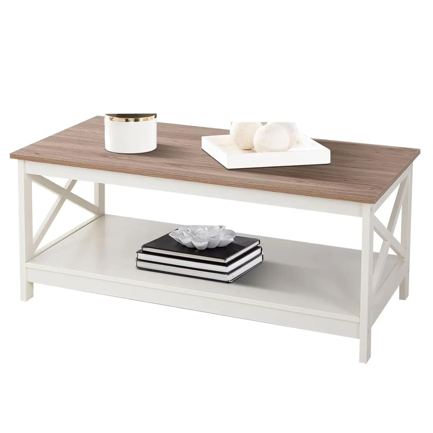 

Farmhouse Coffee Table with Storage Shelf for Living Room Ivory, Customized