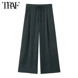 TRAF Pleated Wide Leg Pants Women Satin High Waist Woman Trousers Summer Casual Pants for Women Holiday Loose Pants Women 2024