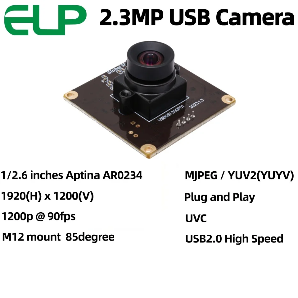 ELP 2.3MP USB Camera Module, Global Shutter, 1200p 90fps, AR0234 Sensor, Lightburn Camera For Windows Android Mac Linux
