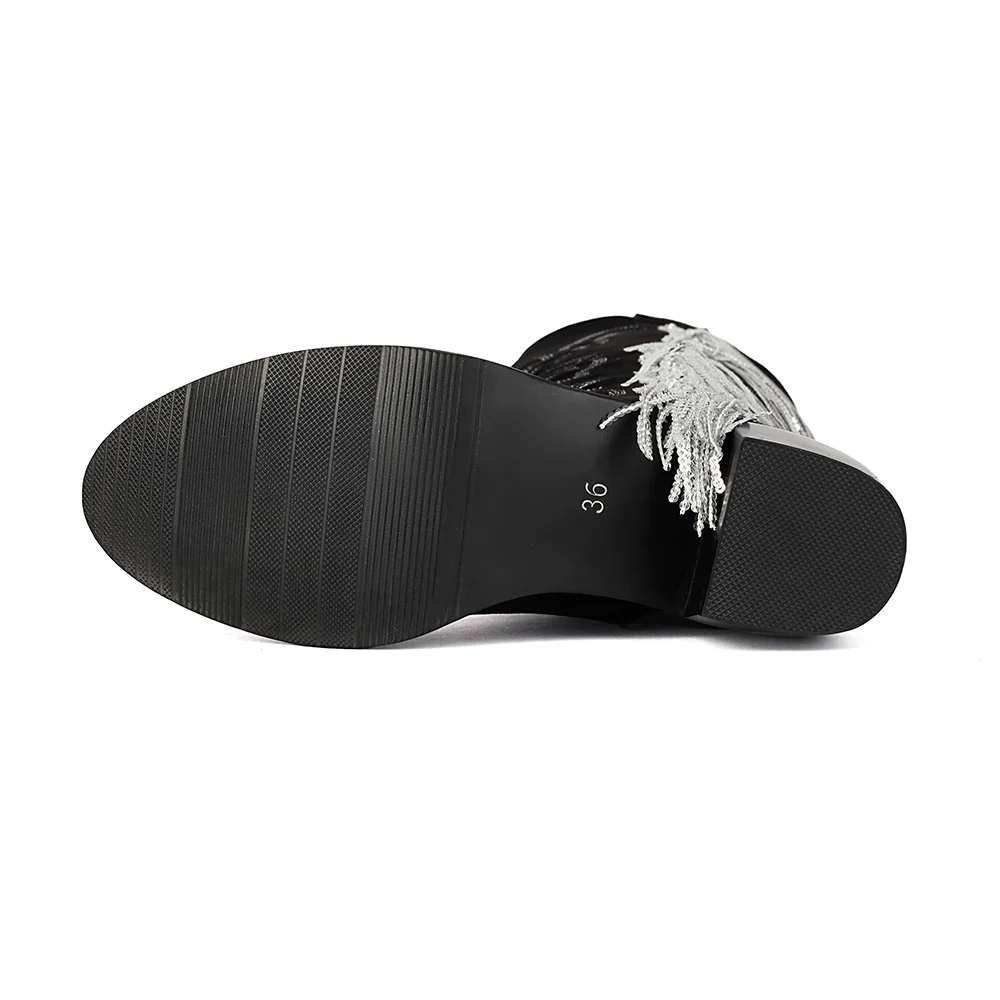 2025 جديد الشتاء ناضجة النساء السود منتصف العجل الأحذية الغربية 5 سنتيمتر مربع ميد كعب سيدة أحذية عارية زائد حجم كبير 11 43 46