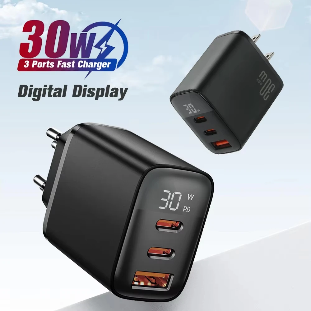 30W Charger Digital Display Quick Charge Fast Type C USB Charger for Laptop for iPhone for Samsung for Xiaomi for Realme