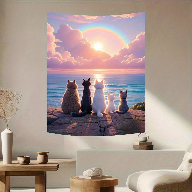 VIKAMA Healing Series Seaside Sunset Cat Tapestry Wall Art for Bedroom Living Room Decoration Dreamy Pink Purple Sky Rainbow