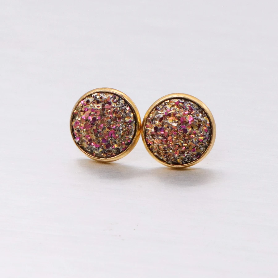 6pair/lot Glitter Round Stud Earrings Gold Color Stainless Steel Jewelry for Women Colorful Resin Druzy Drusy Ear Studs Earrings