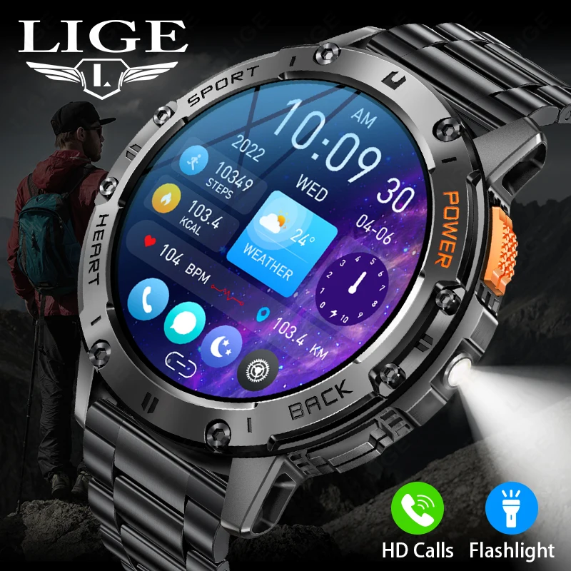 

LIGE New Smart Watch Men Military Outdoor Sport AMOLED HD Screen Flashlight IP68 Waterproof Watch Bluetooth Call Men Smartwatch