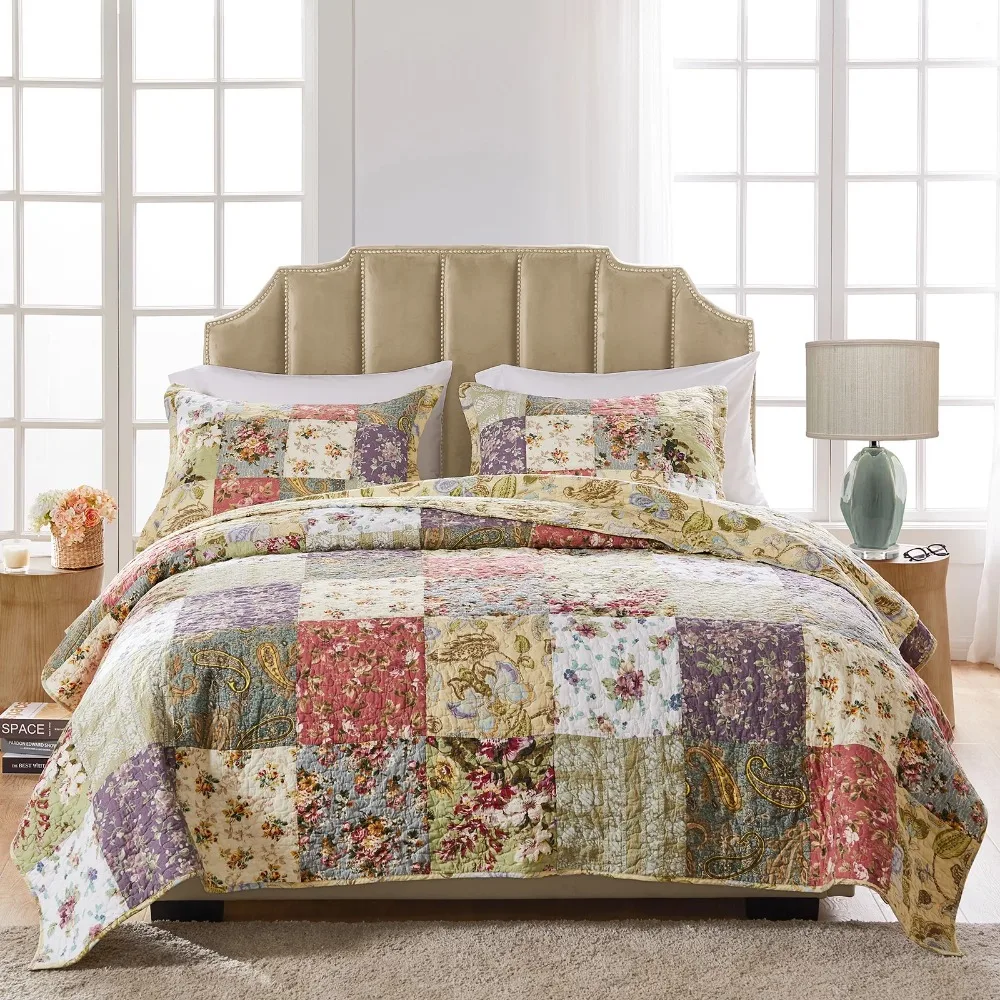 Blooming Prairie 100% Cotton Quilt and Pillow Sham Set Bedspreads for Double Bed Cover 3 Piece King/Cal King Bedspread the Plaid