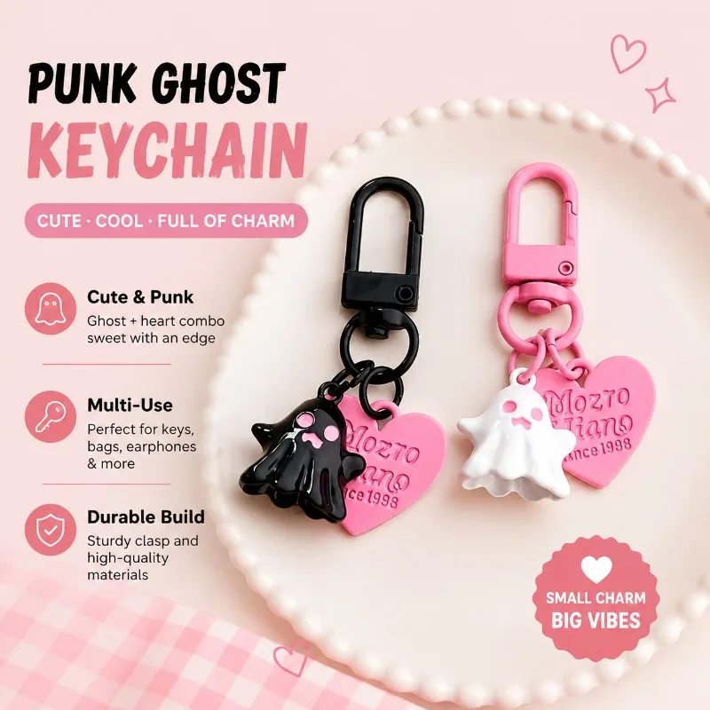 Cute Sweet Cool Ghost Heart Keychain Pendant Pink Black Round Clasp Charm Cartoon Hanging Ornament Earbud Accessory Fashion