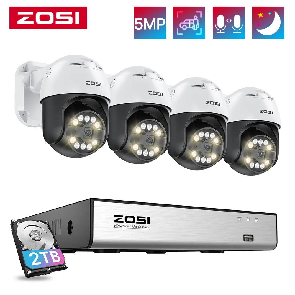 

ZOSI 5MP POE Video Surveillance Kit Smart AI Detection 4K 8CH Nvr Factory 3K PTZ Security Camera System Waterproof IP Cam Cctv