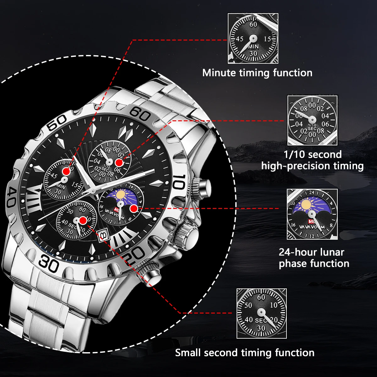 Multi Functional Men Stainless Steel Watch Fashionable 43mm Large Dial Luminous Gold Black Sports Leisure Quartz Men Wristwatch