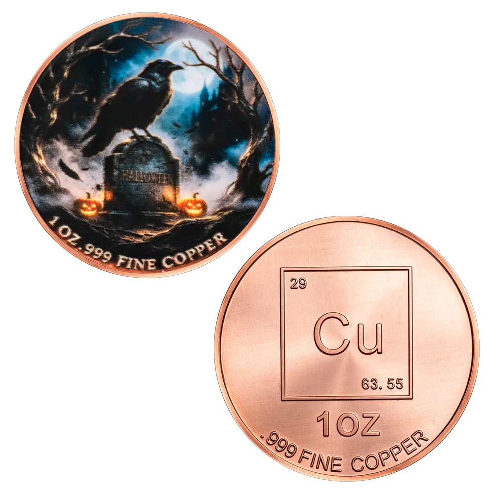 1pc 1 Oz .999 Fine Copper Gothic Halloween Raven Challenge Coin Spooky Night Crow Tomb Souvenir Medal Holiday Gifts Ornament