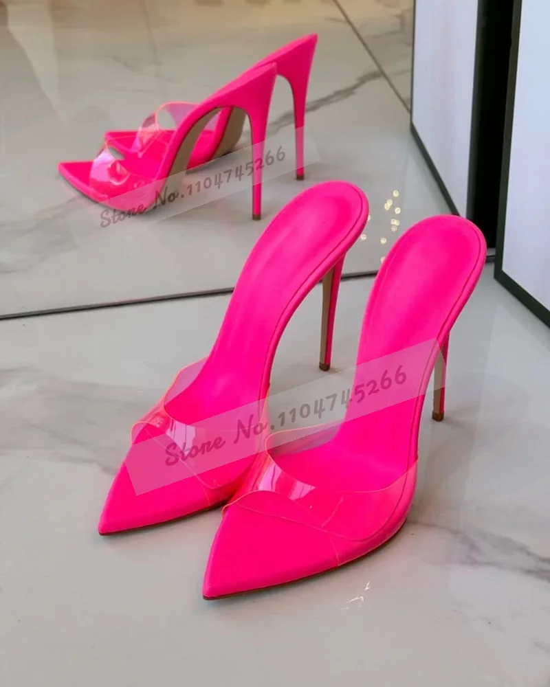 الهولوغرام قزحي الألوان واضح بولي كلوريد الفينيل عالية الكعب البغال الوردي جلد الثعبان أشار تو فساتين راقية النعال الانزلاق على الصنادل الأنيقة مضخات