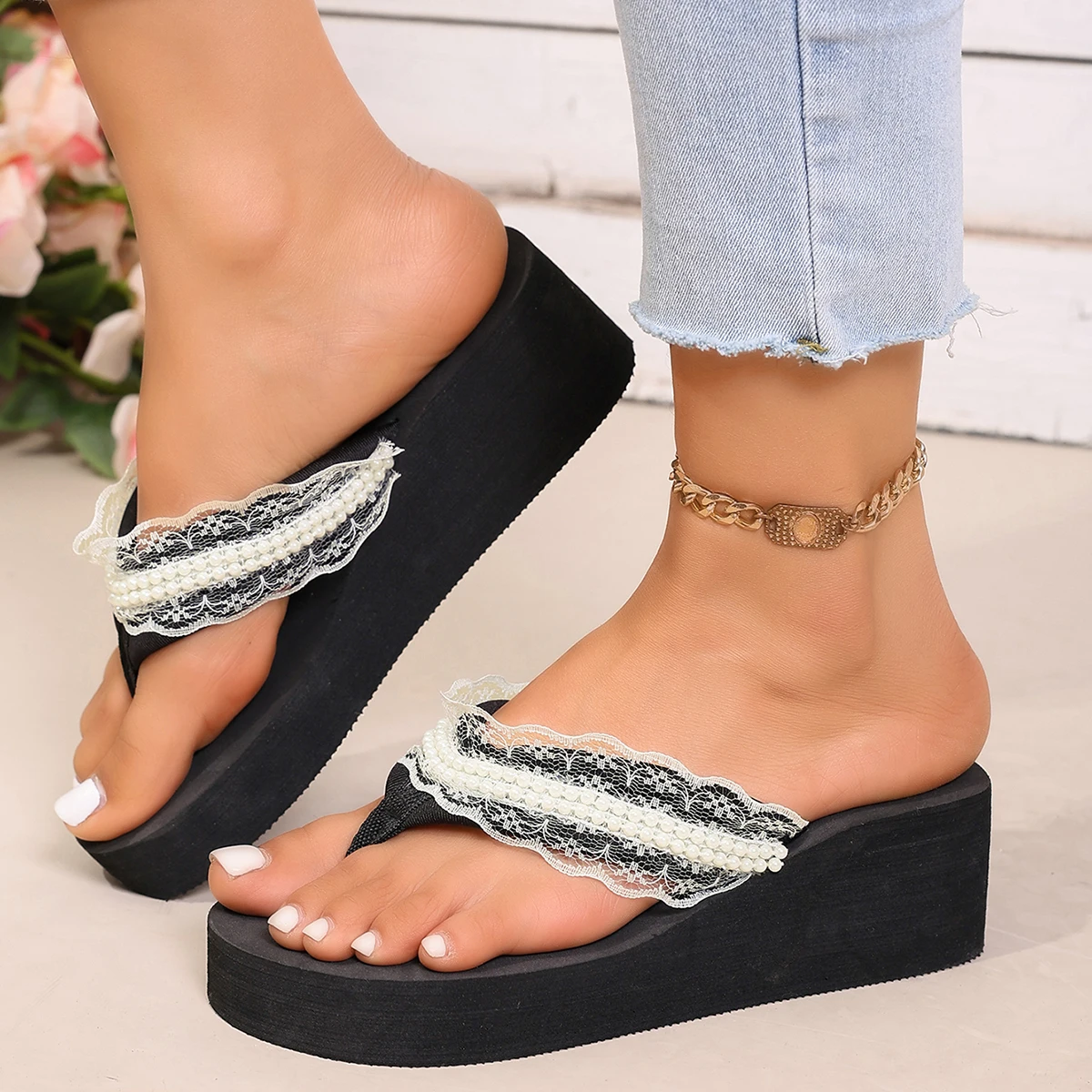 Strass-Schmuck Einfache Perlen Elegante Damen-Flip-Flops – Detail 6