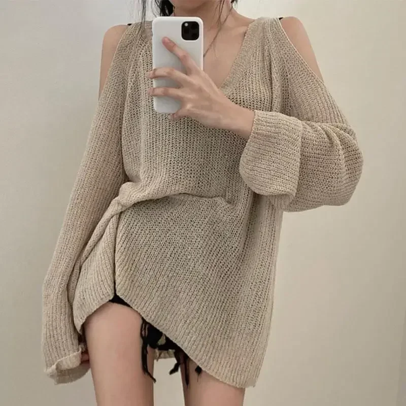 

Off Shoulder Knitted Sweater Women Autumn Retro V-neck Thin Knitwear Female Korean Fashion Loose Casual All-match Sunscreen Tops