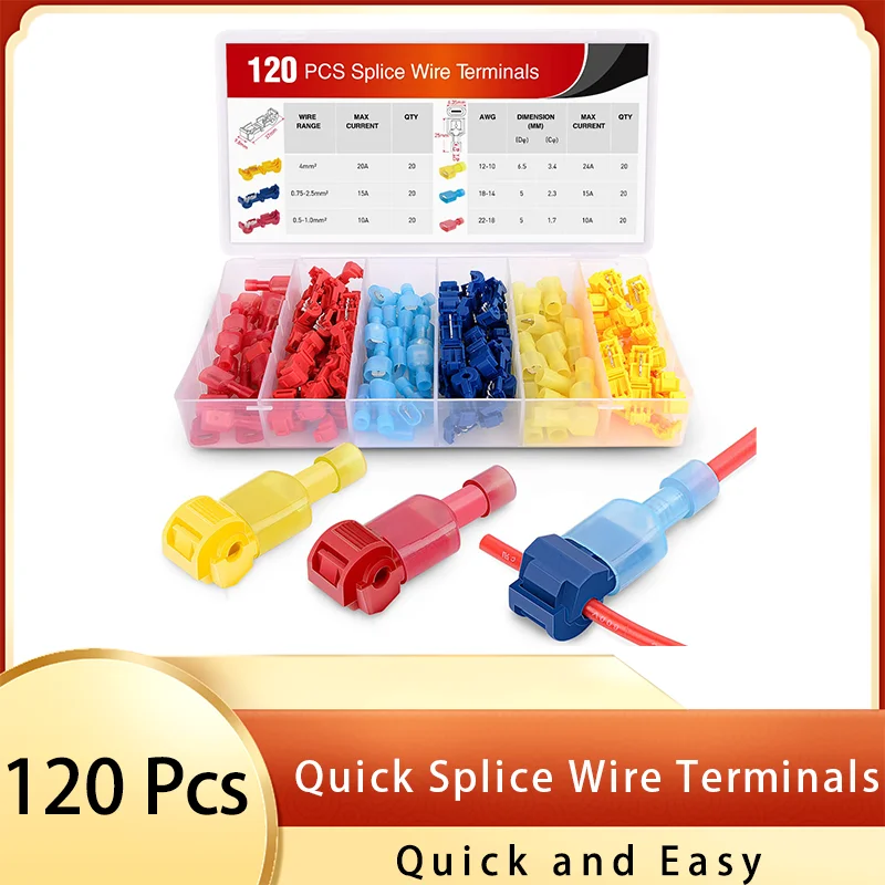 

120Pcs Quick Splice Wire Terminals T-Tap Self-stripping with Nylon Fully Insulated Male Quick Disconnects for Connecting Line