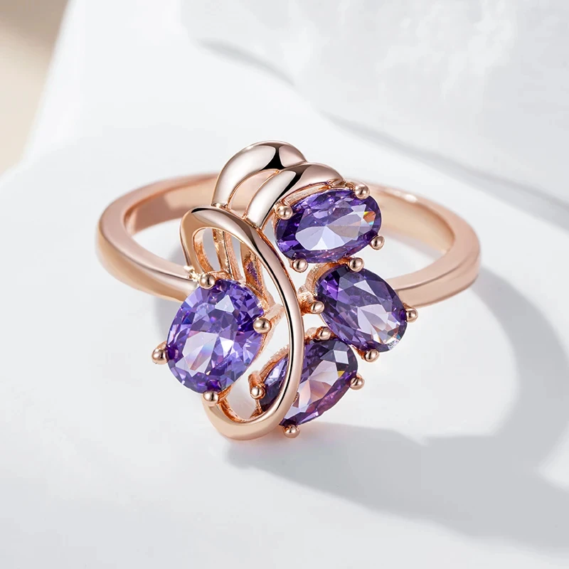 Wbmqda Purple Crystal Stone Flower Shape Ring For Women 585 Rose Gold Color Luxury Lilac Natural Zircon Jewelry Accessories