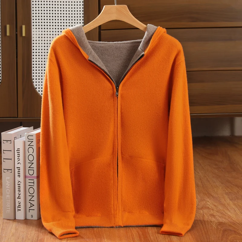 Autumn Winter Thick Hooded Cardigan 100% Merino Wool Knitted Zipper Cardigan Can be worn on both sides for Casual Menswear Tops